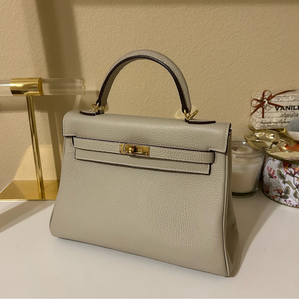Top Handle Belted Leather Satchel 25cm Light Gray